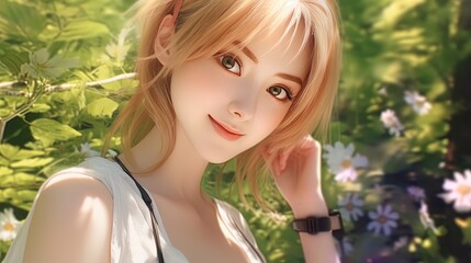 Naklejka premium A coquettish smile on an Instagram female against a Japanese garden backdrop.