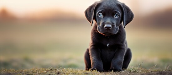 In the silver-hued field, a cute black Labrador puppy with sad eyes sits alone on the lawn, his young face a portrait of loneliness and longing for companionship.