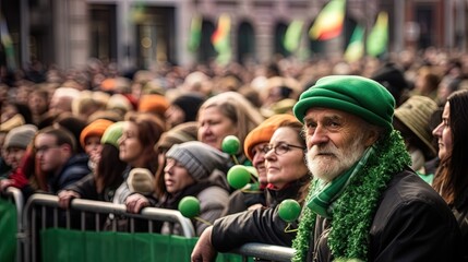 Fototapeta premium Saint Patrick's Day parade in Dublin, green hats captured.