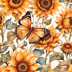 Watercolor sunflower pattern, generative ai