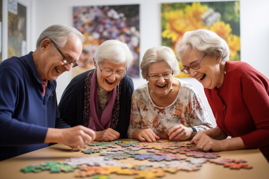 Senior Friends Laughing Together While Playing Puzzles - Powered by Adobe