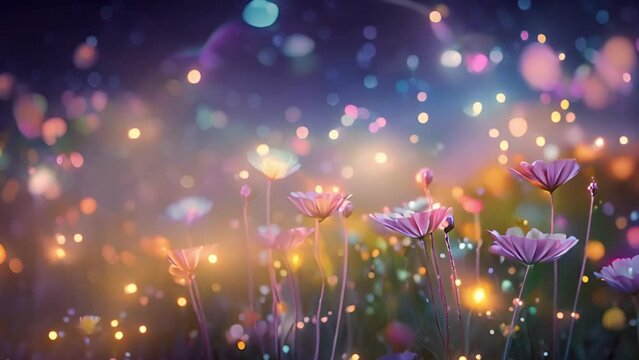 Magical flower field by night with bokeh sparkling lights moving in the wind. Fantasy and blooming flowers. Camera moving through alpine meadow with colorful flowers Nature concept flowers bloom 