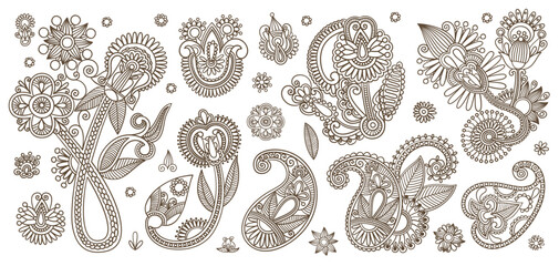 Collection of black linear images in Indian-style henna tattoos, vector illustrations.