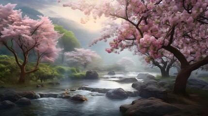 cherry trees fallowing river green grace beautiful  landscape - obrazy, fototapety, plakaty