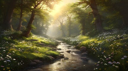 Obraz premium sun rays in the forest landscape river