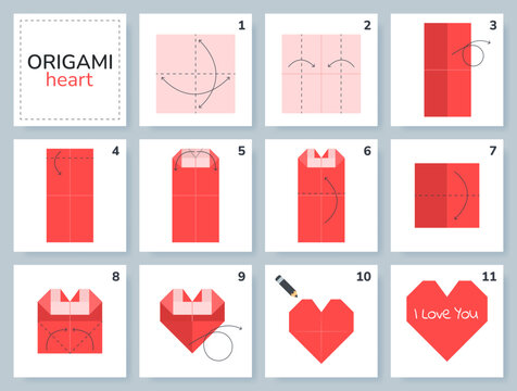 Heart origami scheme tutorial moving model. Origami for kids. Step by step how to make a cute origami red heart. Vector illustration. Happy Valentine's day.