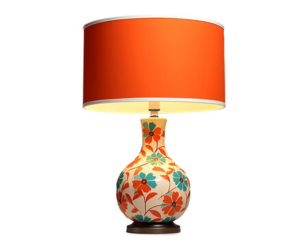 Mid century table lamp isolated on a white background. vintage lamp with colorful orange shade and painted solid wood floral base 	