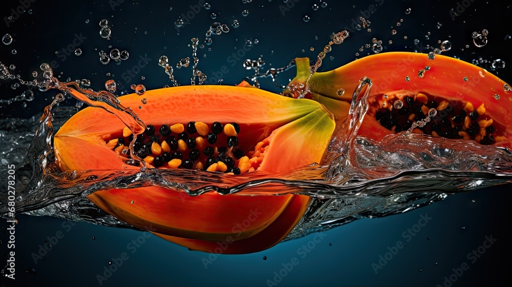 Poster a close up of a piece of fruit with water splashing off the top of it and on the bottom of the image