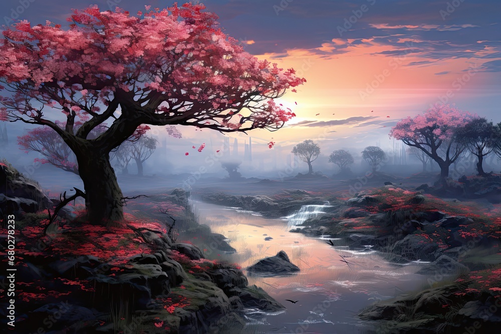 Poster a painting of a river running through a forest with a tree in the foreground and a sunset in the bac