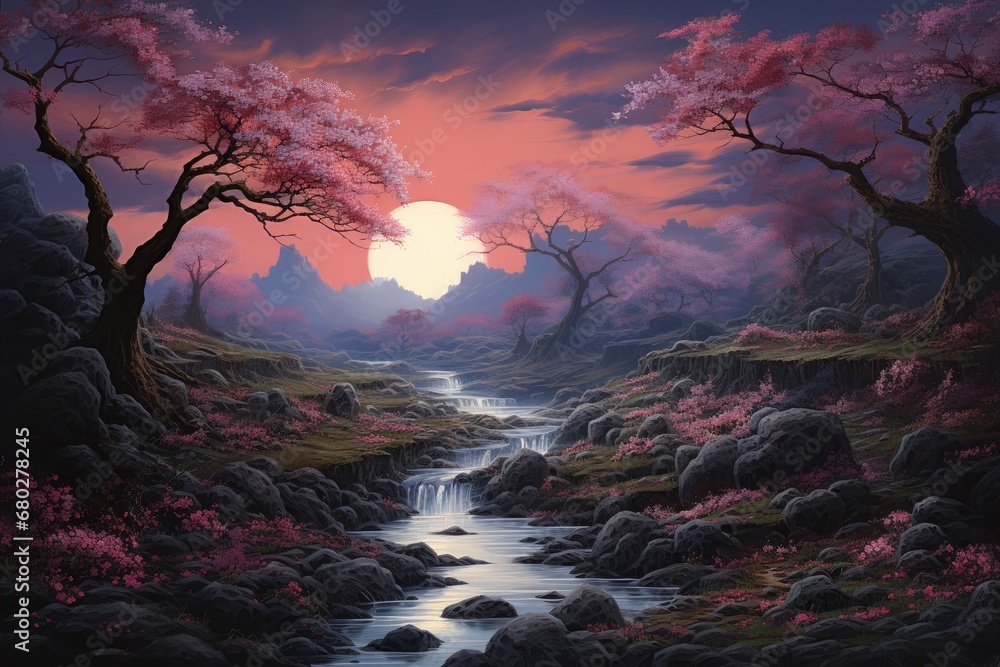 Poster a painting of a stream in the middle of a forest with trees and rocks in the foreground and a full m