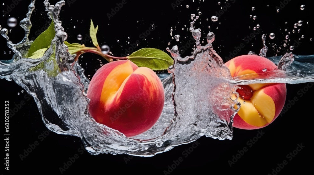 Poster two peaches falling into the water with a splash of water on the top and bottom of the image on a bl