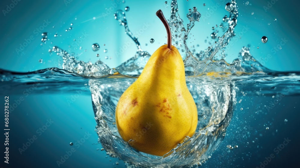 Poster a pear is floating in the water with a splash of water on the side of the image and a splash of wate