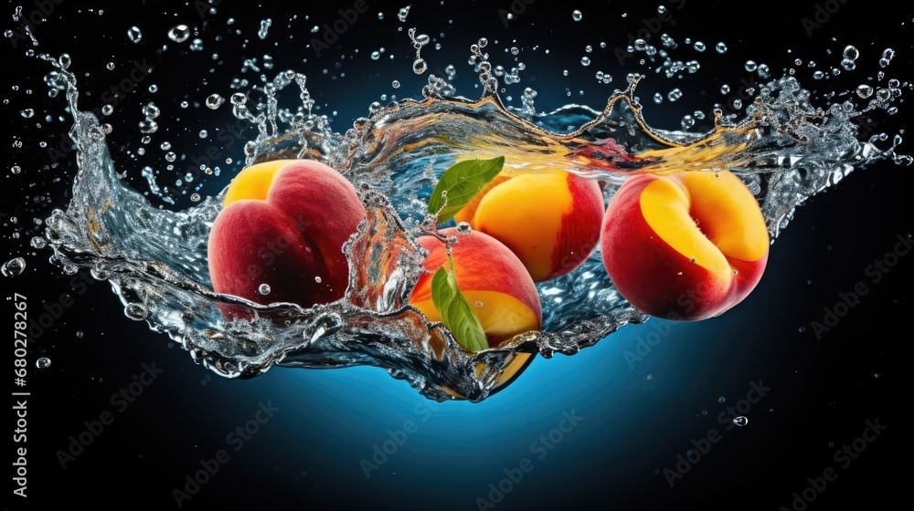 Poster a group of peaches floating in water with a splash of water on the side of the image and on top of t