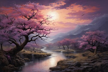  a painting of a river surrounded by trees with a bird flying in the sky and a sunset in the background.