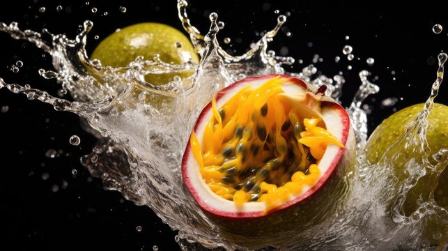  a fruit with water splashing on it and two pieces of fruit in the middle of the image with water splashing on it.