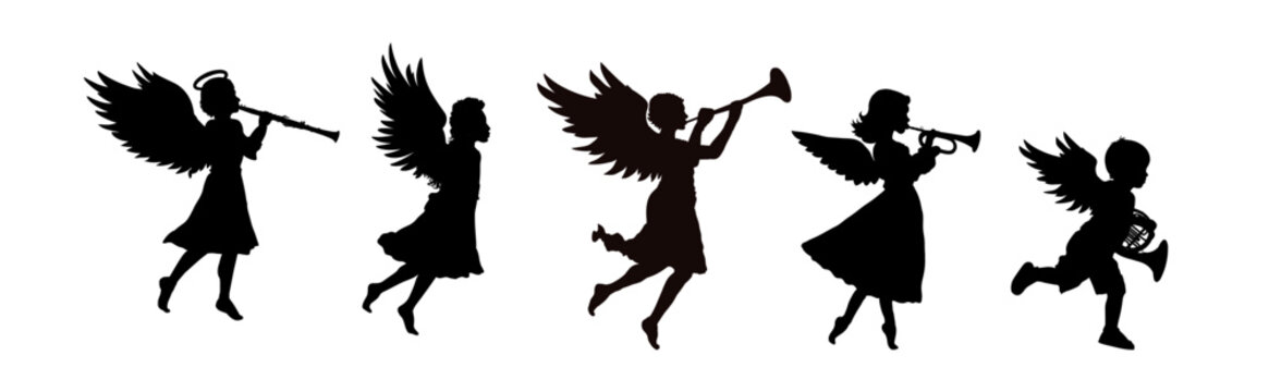 Set of silhouette of Christmas angel with trumpet - vector illustration