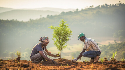 copy space, stockphoto, african people working on a reforestation project. Susainable project, reforestation theme. Volunteers working on a reforastation project. Envrionmental responsible. Preservati