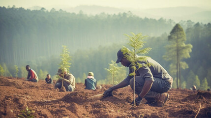 copy space, stockphoto, african people working on a reforestation project. Susainable project, reforestation theme. Volunteers working on a reforastation project. Envrionmental responsible. Preservati