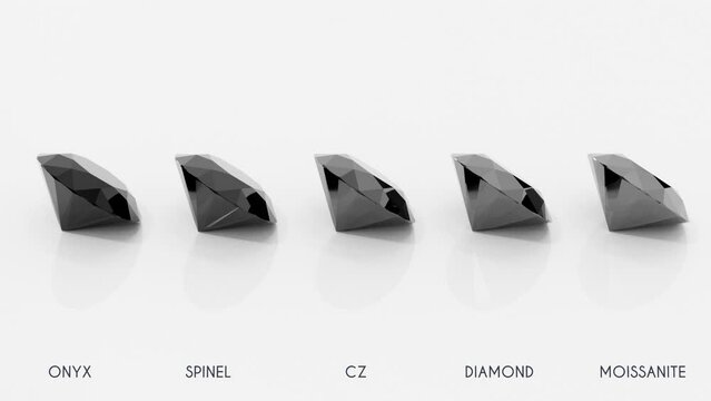 Black diamond and its affordable substitutes rotating on white glossy background. Comparison of black onyx, spinel, cubic zirconia, diamond, moissanite. Seamless loop 3d animation