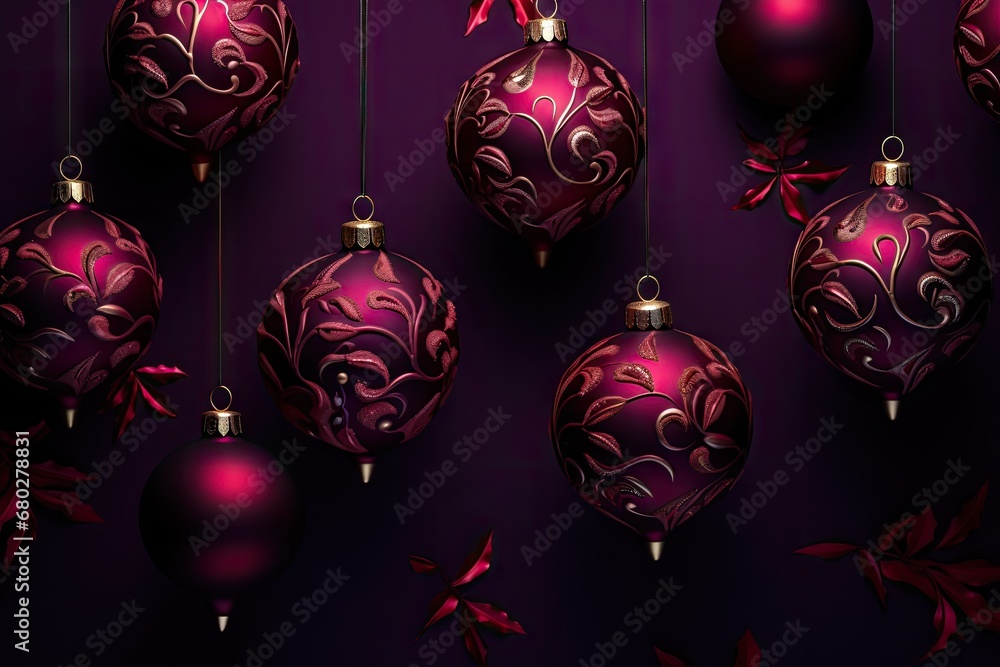 Poster a group of christmas ornaments hanging from strings on a purple background with red leaves on the bo