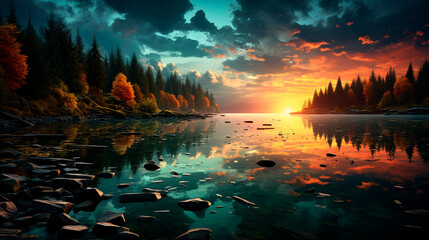 Fantastic sunset on the lake. Colorful autumn landscape