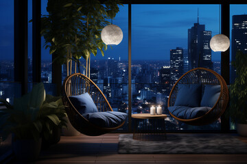 Cozy Hanging Chairs on Balcony with Evening City View. Relaxation and Comfort in Stylish Outdoor Furniture for Urban Living