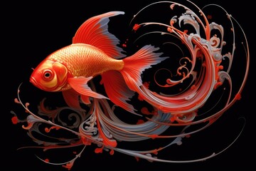  a painting of a goldfish on a black background with swirls and bubbles in the bottom half of the image.