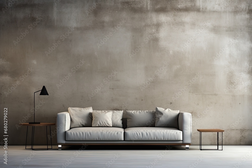 Poster a couch sitting in front of a wall with a lamp on top of it next to a table with a lamp on top of it