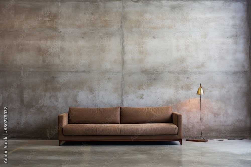 Poster a couch sitting in front of a wall with a lamp next to it on a table next to a lamp.