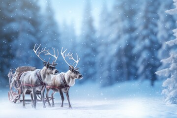  two reindeers are pulling a sleigh through a snow covered forest with pine trees in the foreground.