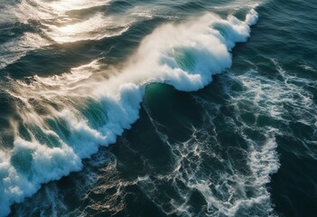 Fototapeta na wymiar Spectacular aerial top view background photo of ocean sea water white wave splashing in the deep sea