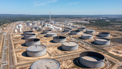 Portugal Sines oil terminal storage tanks, aerial view, oil and gas storage tanks, oil refinery...