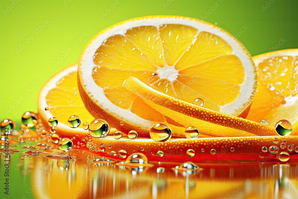 Poster a group of sliced oranges sitting on top of a table next to a bowl of oranges with drops of water on