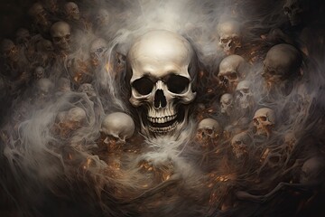  a painting of a skull surrounded by smoke and skulls on a black background with a white smoke cloud in the middle of the image. - obrazy, fototapety, plakaty