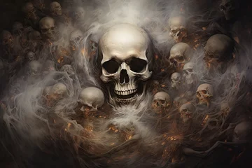 Fotobehang  a painting of a skull surrounded by smoke and skulls on a black background with a white smoke cloud in the middle of the image. © Nadia