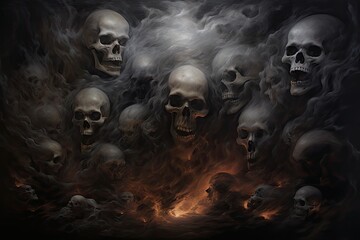  a painting of a bunch of skulls on a black background with a fire in the middle of the picture and smoke in the middle of the picture.