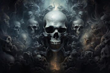  a painting of a skull surrounded by smoke and skulls in a dark room with a light coming from the top of the skull.