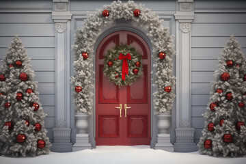 Fototapeta na wymiar Festive Christmas Wreath Adorning the Entry Door: Exquisite Facade Decoration for the Holiday Season