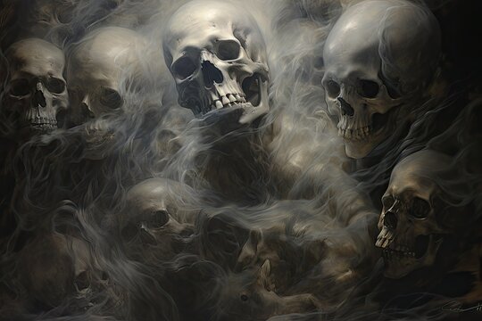  a painting of a group of skulls with smoke coming out of the skull's mouth and the lower half of the skull's head.