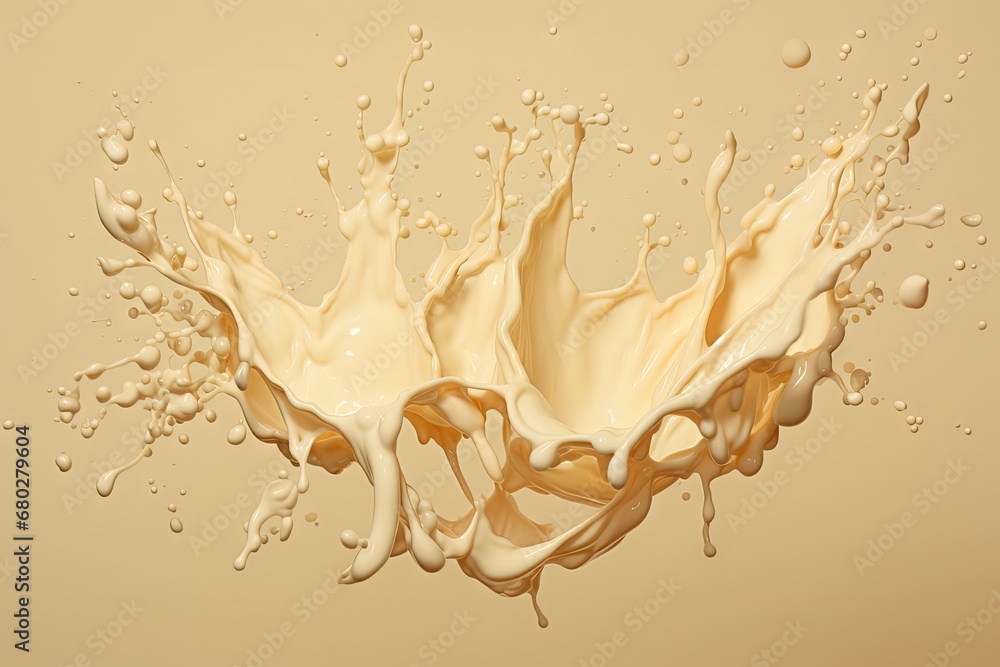 Poster a splash of milk in the air on a beige background with a drop of water on the bottom of the image.