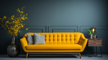 Yellow sofa at living room. - obrazy, fototapety, plakaty