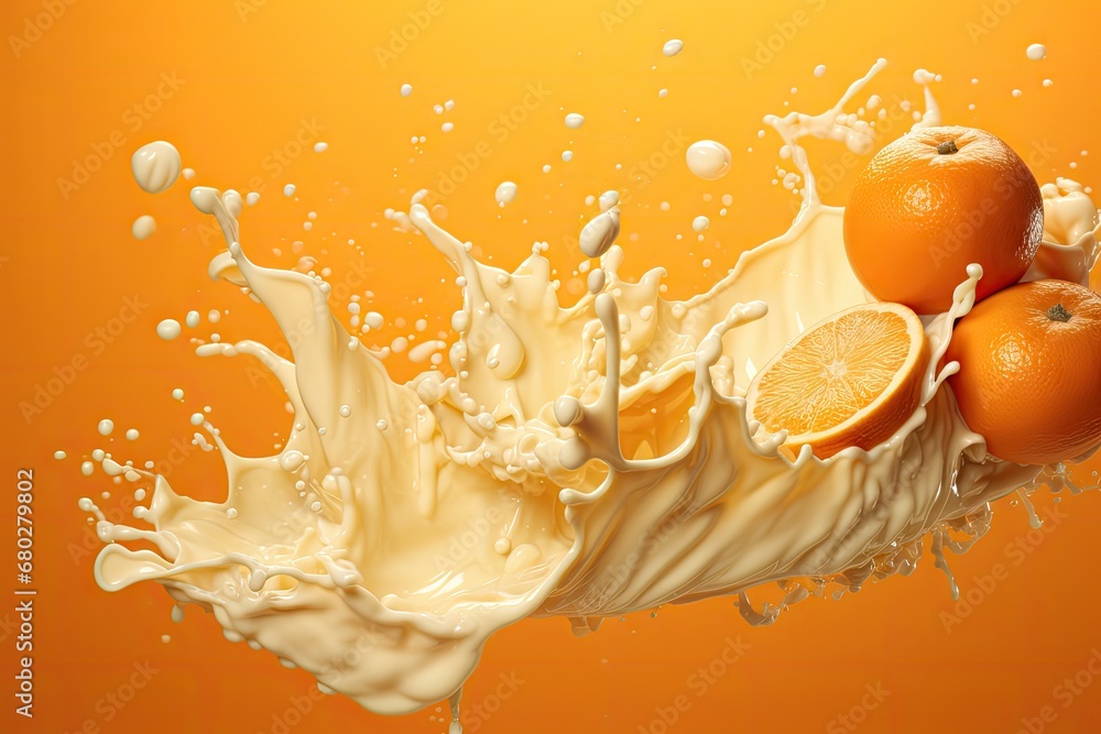 Poster a splash of milk with oranges and milk splashing out of it on an orange background with oranges in t