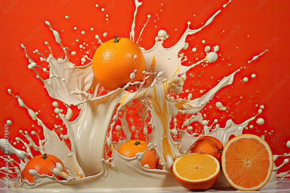 Poster  a group of oranges with milk splashing out of them on a red and white background with oranges in the foreground.