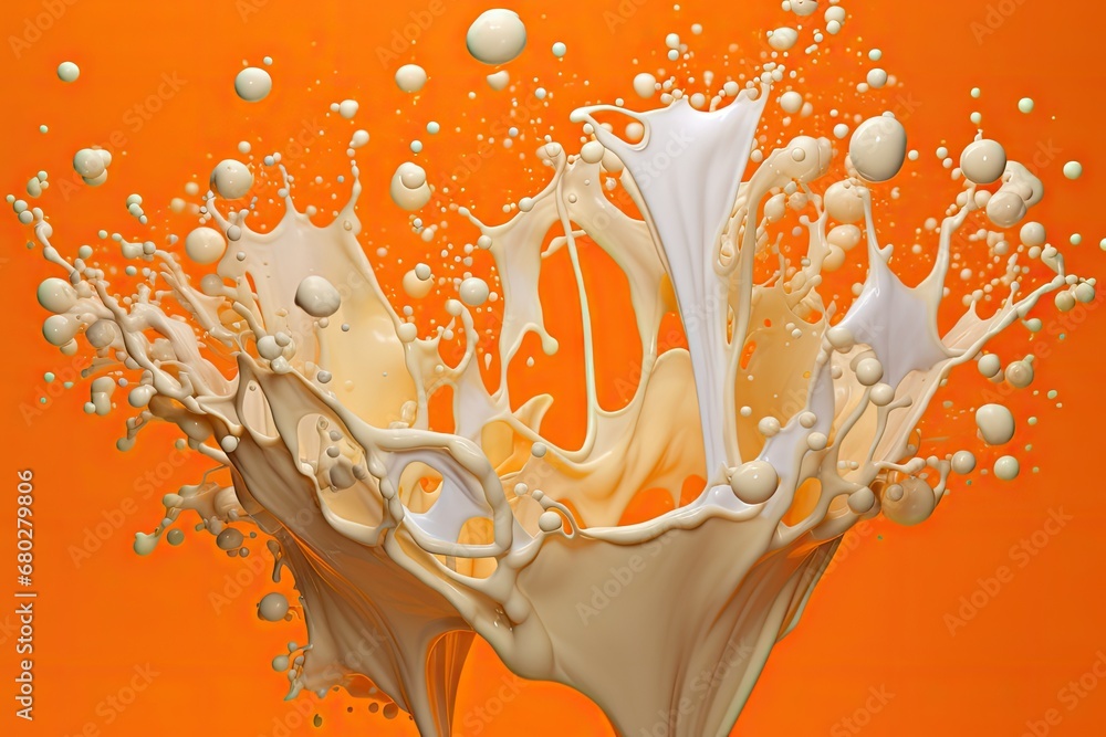 Poster an orange background with a splash of milk and bubbles in the foreground and a splash of milk in the