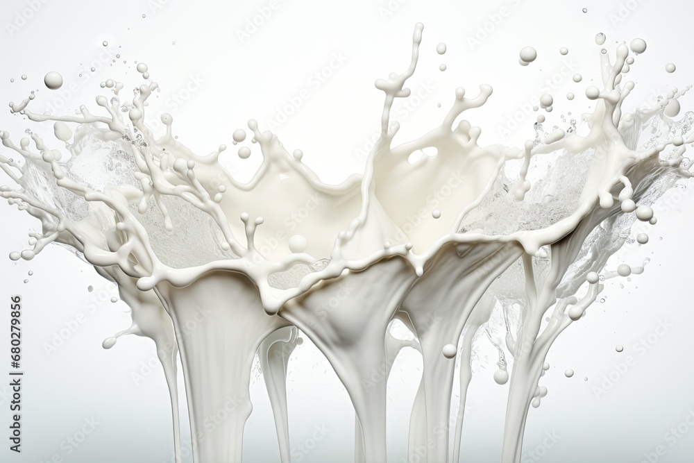 Poster a group of milk splashing into each other in front of a white background with a splash of milk on to