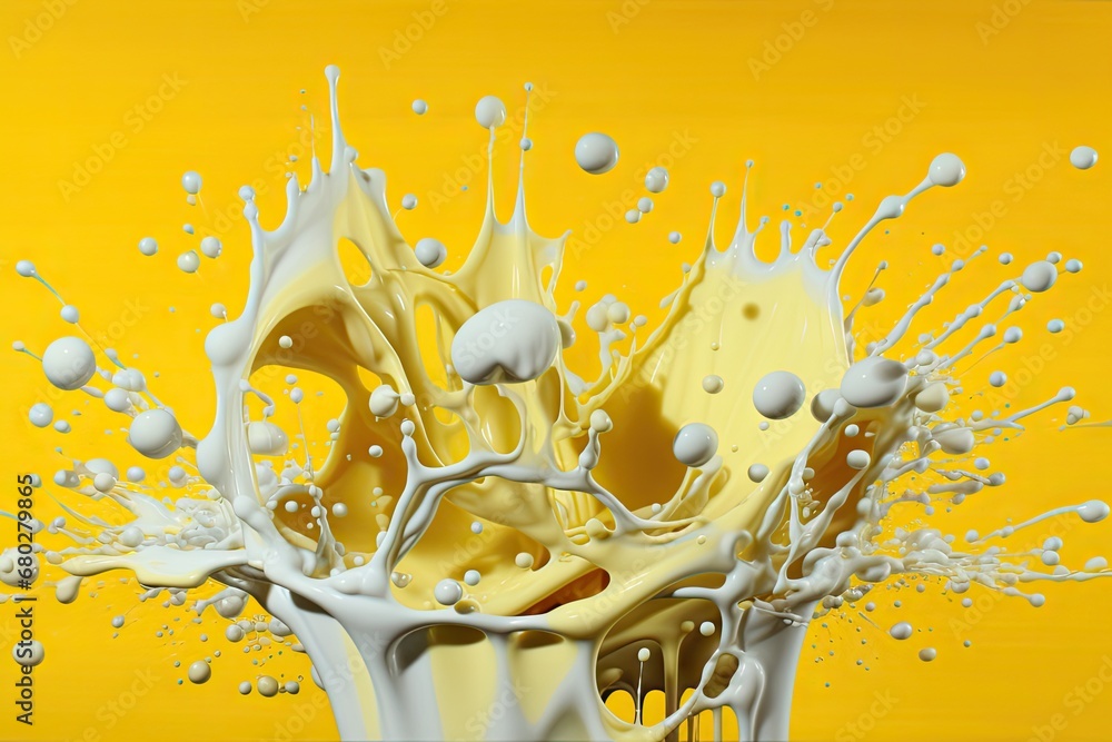 Aufkleber a yellow background with white bubbles and a splash of milk in the center of the image and a yellow 