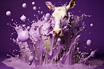 Obraz na płótnie Canvas a cow that is standing in the water with purple paint on it's face and it's head sticking out of the water.