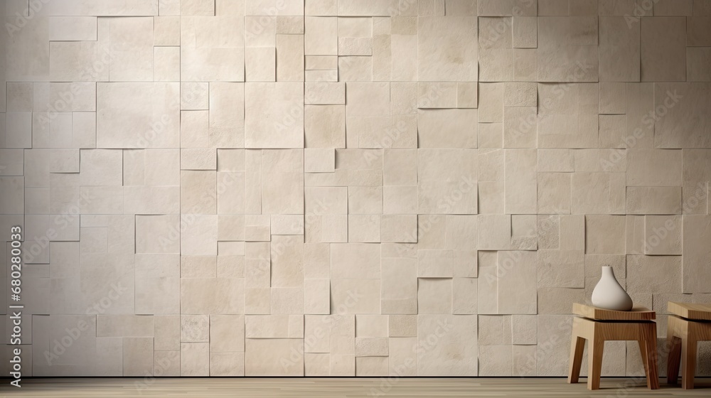 Poster a white vase sitting on top of a wooden table in front of a wall with a pattern of squares on it.
