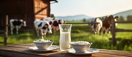 In a picturesque farm with a beautiful blue sky as its background, a healthy breakfast is served on a white plate which includes a glass of milk, a bottle of chocolate milk, and a variety of delicious - obrazy, fototapety, plakaty