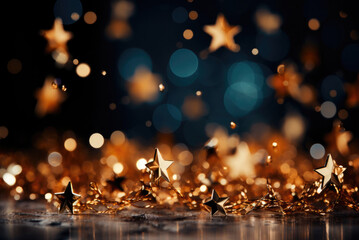 Fototapeta na wymiar Gold stars on a background of blur of lights. Christmas card